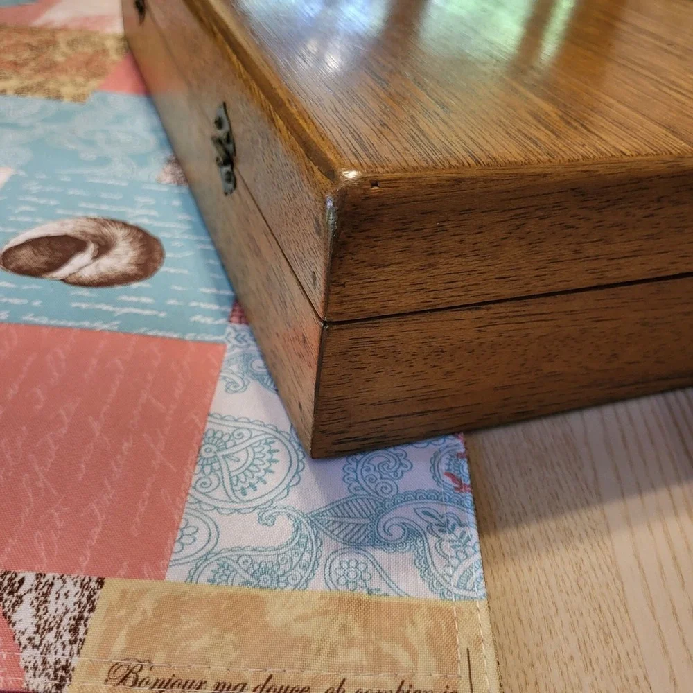Vintage EMPTY Silverware Chest Wooden Case Blue Velvet Cream Satin Interior